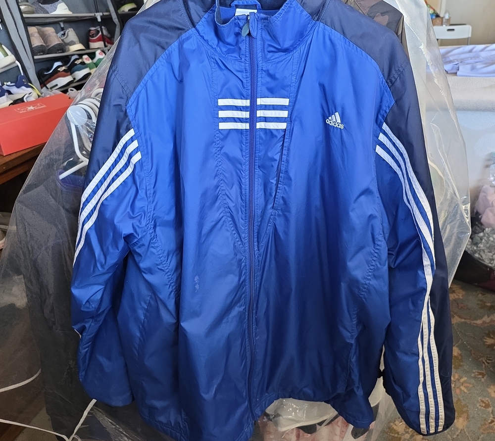 adidas Blue and Navy Men's Windbreaker with White Stripes